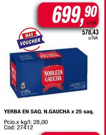 YERBA EN SAQ. N.GAUCHA x 25 saq.