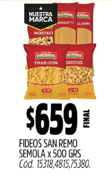 Fideos San Remo Sémola x 500 grs