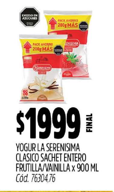 Yogur La Serenisima Clásico Sachet Entero Frutilla/Vainilla x 900 ml