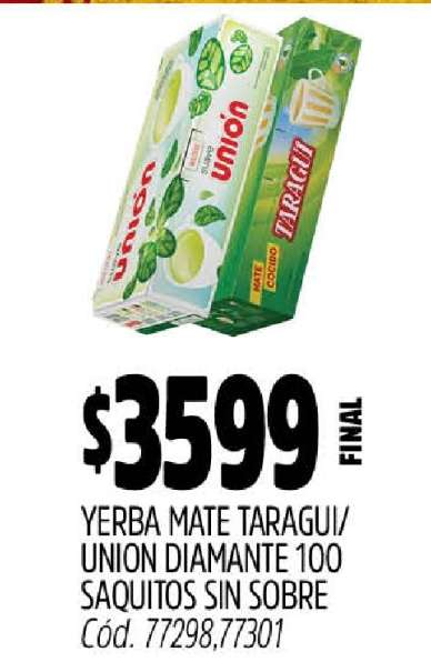 Yerba Mate Taragüi/Unión Diamante 100 Saquitos Sin Sobre