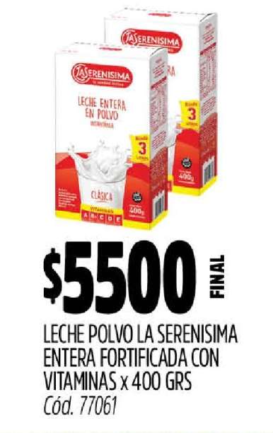 Leche Polvo La Serenisima Entera Fortificada con Vitaminas x 400 GRS