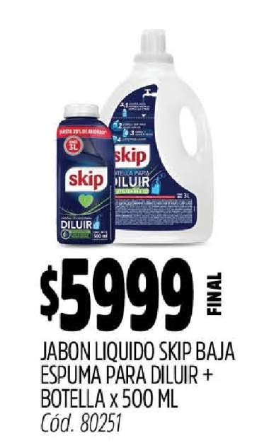 JABON LIQUIDO SKIP BAJA ESPUMA PARA DILUIR + BOTELLA x 500 ML