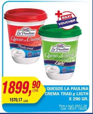 QUESOS LA PAULINA CREMA TRAD.y LIGHT X 290 GR.