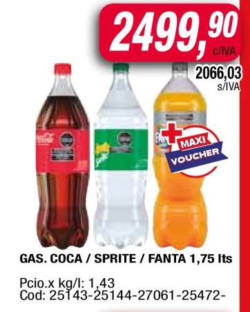 GAS. COCA / SPRITE / FANTA 1,75 lts