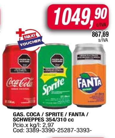 GAS. COCA / SPRITE / FANTA / SCHWEPPES 354/310 cc