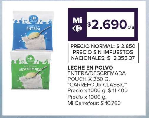 Leche en Polvo Entera/Descremada Carrefour Classic