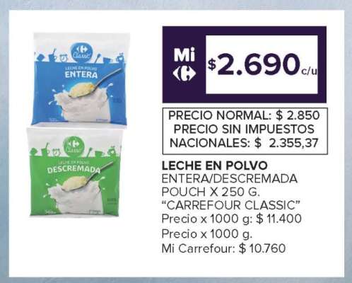 Leche en Polvo Entera/Descremada Carrefour Classic