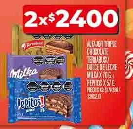 Alfajor Triple Chocolate Terrabusi/Dulce de Leche Milka/Pepitos