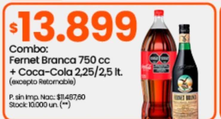 Combo: Fernet Branca 750 cc + Coca-Cola 2,25/2,5 lt.
