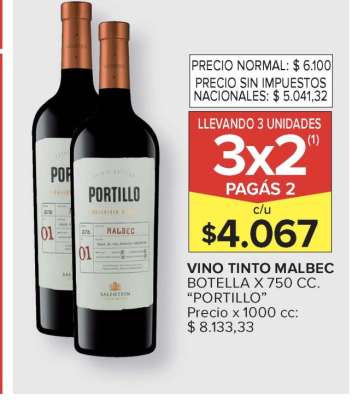 Vino Tinto Malbec Botella x 750 cc. 'Portillo'